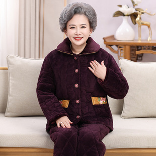 冬季睡衣女士三层加厚保暖套装老年人妈妈奶奶大码夹棉加绒家居服