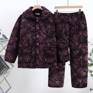 老人三层夹棉睡衣中老年人妈妈冬季保暖内衣老太太奶奶家居服套装