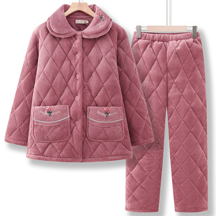 妈妈冬装加绒保暖睡衣奶奶冬季加厚家居服中老年女士棉衣棉裤套装