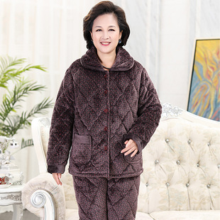 老年人睡衣女冬季珊瑚绒夹棉加厚加绒妈妈套装奶奶宽松保暖家居服