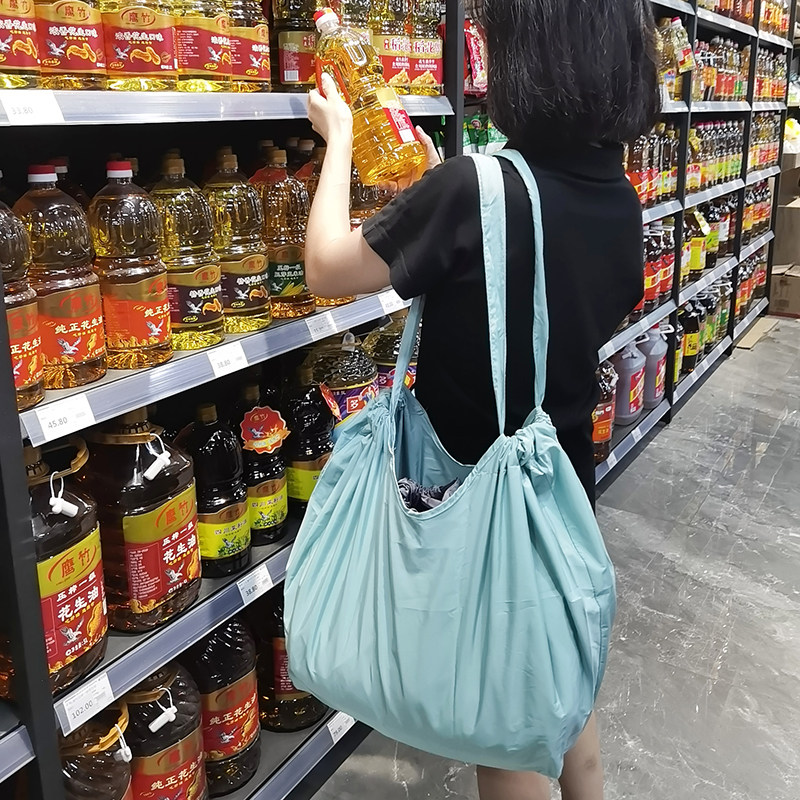 纯色扣子抽绳超市环保购物袋大容量轻便尼龙袋大号折叠买菜包单肩