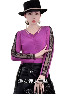 【koreanstyle】2621V领花边洋气显瘦百搭打底衫网纱拼色长袖上衣