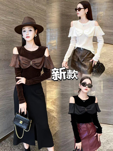 欧货修身显瘦正肩上衣杏色圆领蝴蝶结褶皱漏肩长袖T恤女夏季
