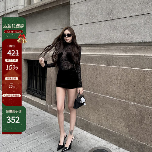 vintage豹纹网纱丝绒连衣裙