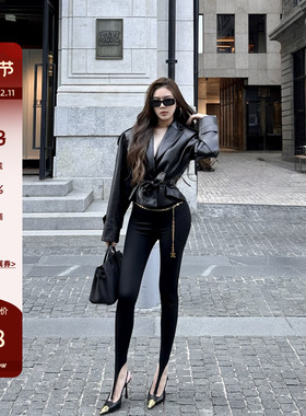 LUV2SHY 现货 伯明翰街区 pu皮廓形垫肩瘦腰外套皮衣欧美皮夹克短