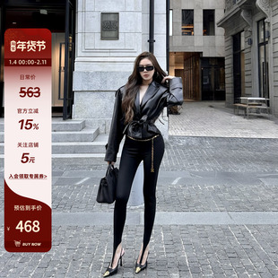 LUV2SHY 现货 伯明翰街区 pu皮廓形垫肩瘦腰外套皮衣欧美皮夹克短