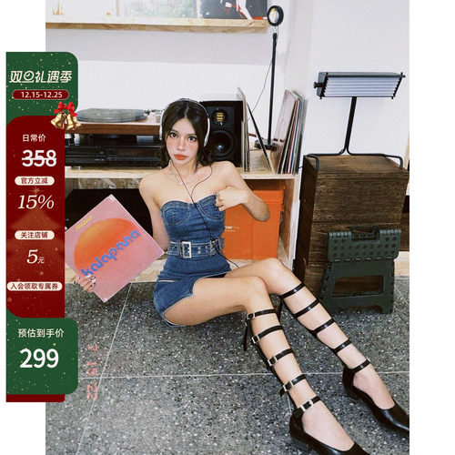 美式辣妹抹胸裙牛仔拉链显瘦