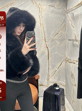 1/12PM20:00上新 LUV2SHY 魔女比例 黑色毛毛短外套连帽仿皮草