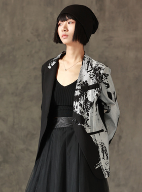 LADYS DIARY原创设计女装抽象印花西装外套春季女解构领型一粒扣