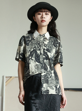 LADYS DIARY原创设计女装翻领宽松短袖印花纯棉拼接单排扣衬衫女