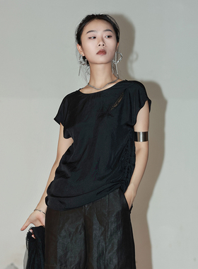 LADYS DIARY镂空抽绳系带短袖上衣夏季女圆领连肩袖宽松醋酸纤维