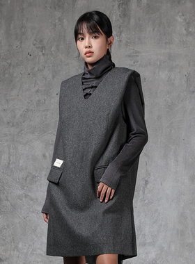 LADYS DIARY原创设计女装冬季加厚羊毛双面呢子马甲中长款连衣裙