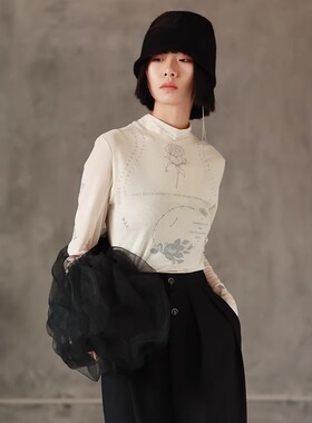 LADYS DIARY原创设计女装2024艺术印花打底衫春季女长袖修身T恤女