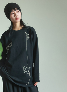 LADYS DIARY原创设计女装圆领宽松长款T恤厚款长袖棉动物刺绣图案