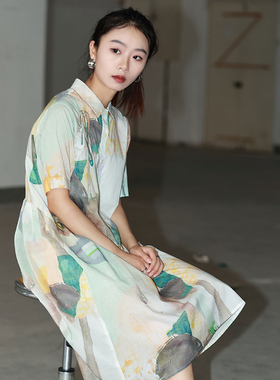 LADYS DIARY原创设计女装短袖连衣裙2022夏季女抽象印花A字宽松