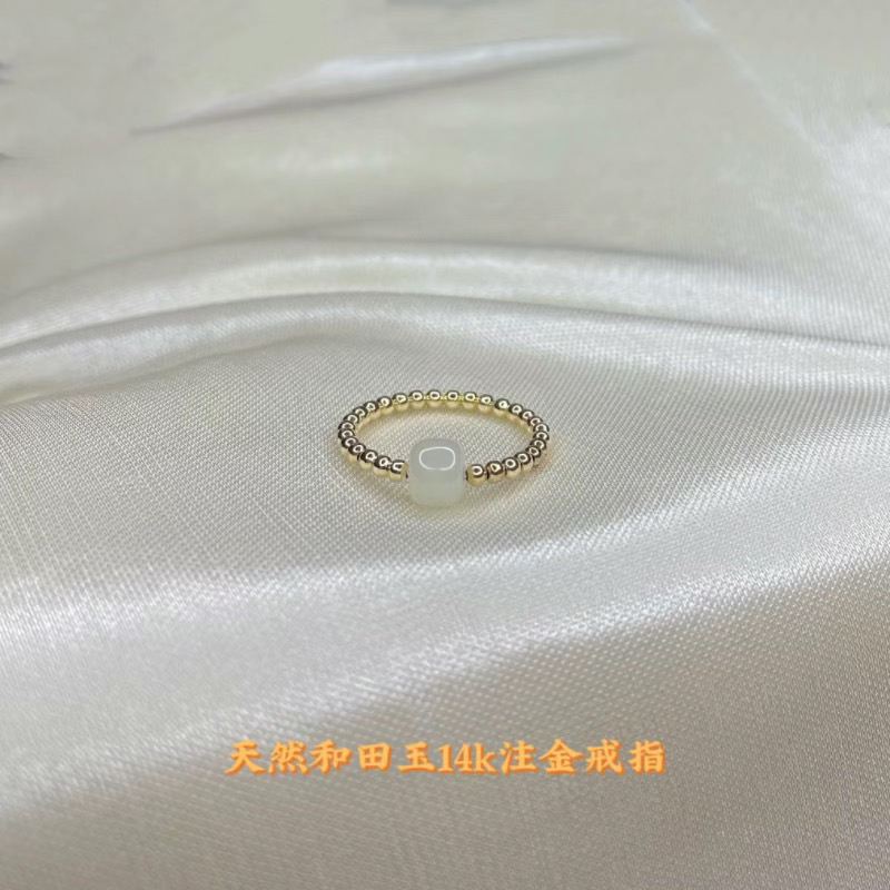 正品天然和田玉戒指女14k注金指环弹力素圈食指戒送女友不掉色