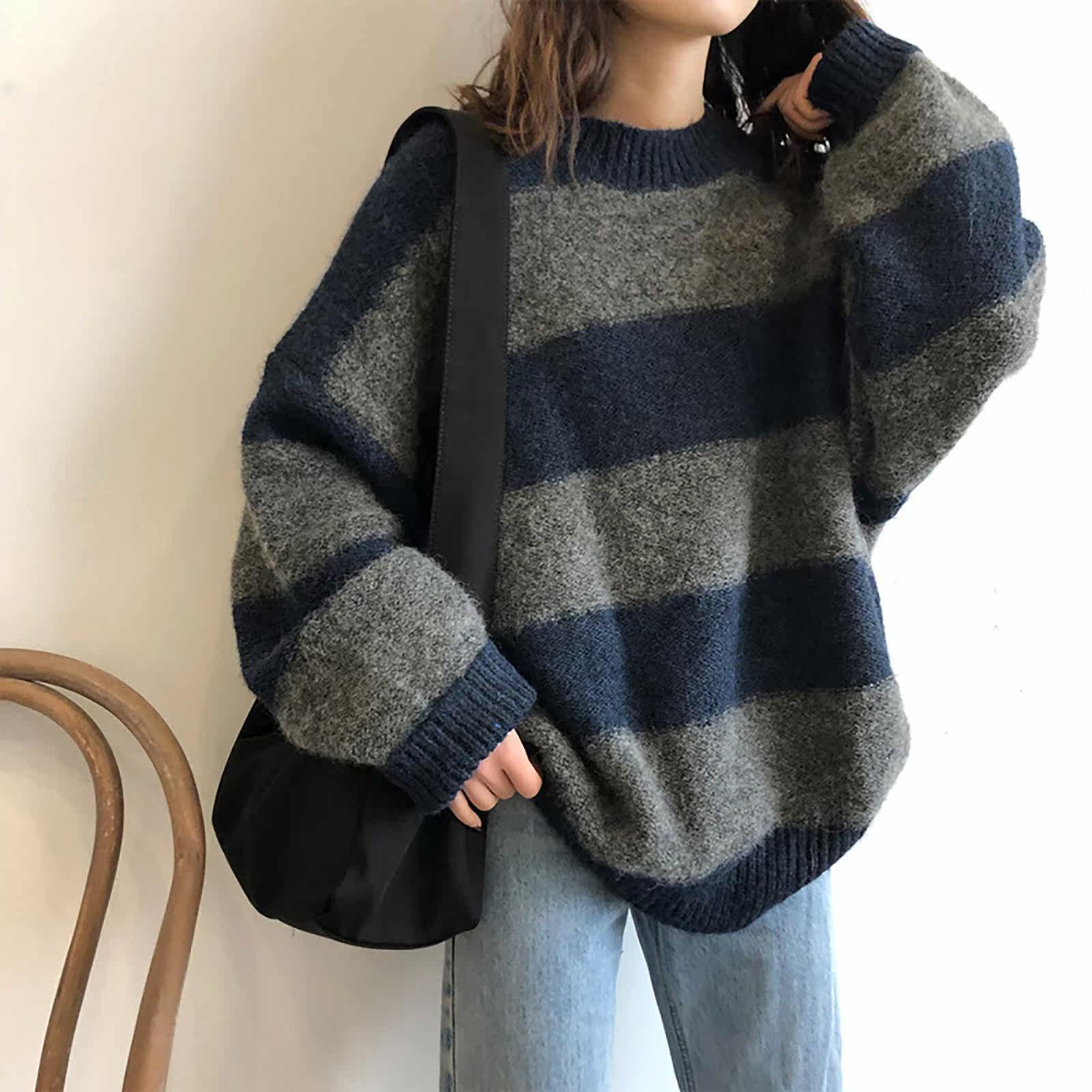 knitted striped sweater for women casual oversized knitwear