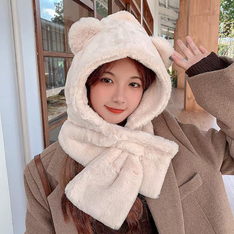 warm beanie cap warmer scarf women fluffy plush earflap hat
