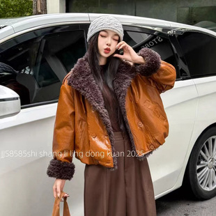 加绒加厚蛋白皮皮衣小个子外套女新款 百搭潮 皮毛一体简约大气时尚