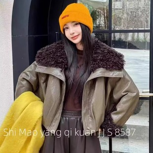 2025秋冬新款 机车夹克拉链保暖派克服 小众复古毛领皮衣外套女短款