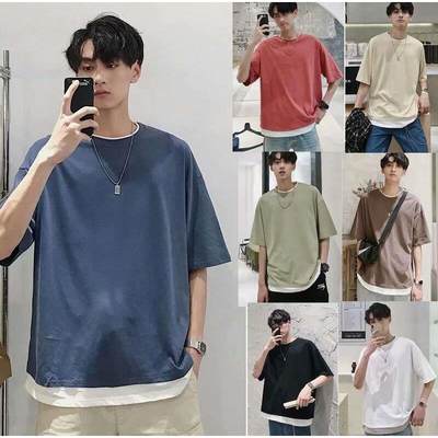 Summer Soli Color Fake Two-piece Short-sleeve T-shirt Men&am