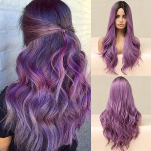 crimp 欧美中分渐变紫大波浪长卷发全头套假发女purple long wigs