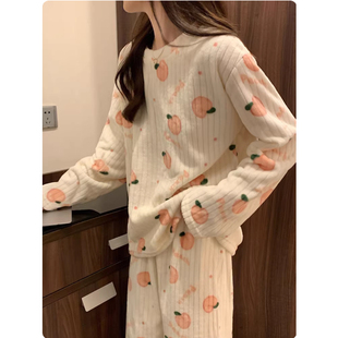 珊瑚绒保暖加绒加厚睡衣套装女秋冬季甜美新款可外穿家居服两件套