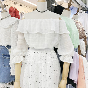 波浪一字肩条纹轻薄娃娃衫衬衫档口清仓NO退NO换