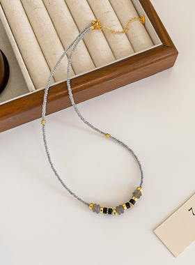 日本米珠项链高级配色设计黑玛瑙串珠颈链18K金保色饰品