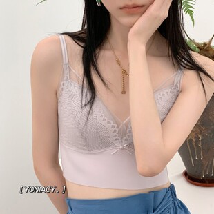 春夏新款内衣凉感微聚拢文胸薄款舒适无钢圈调整型法式抹胸女蕾丝