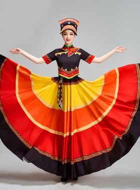 新款彝族七彩大摆裙彝族火把节演出舞蹈服彝族舞蹈服表演服装女