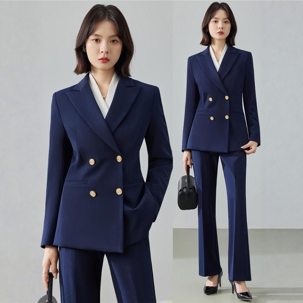 藏蓝色双排扣西装套装女士人面试正装正肩气质商务防皱西服外套