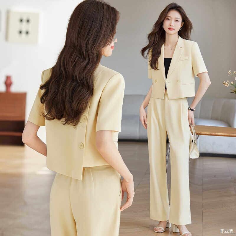 短款西装套装女夏季气质黄色小香风外套双排扣小个子短袖职业薄款