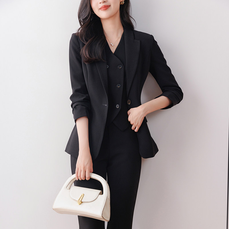 工作服职业气质女蓝色西装套装春秋高级感马甲前台接待三件套正装