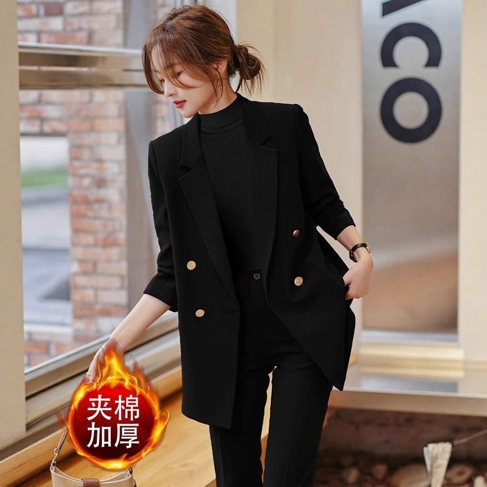 加厚西装休闲外套秋冬职业套装高级前台夹棉厚款正装女黑色工作服