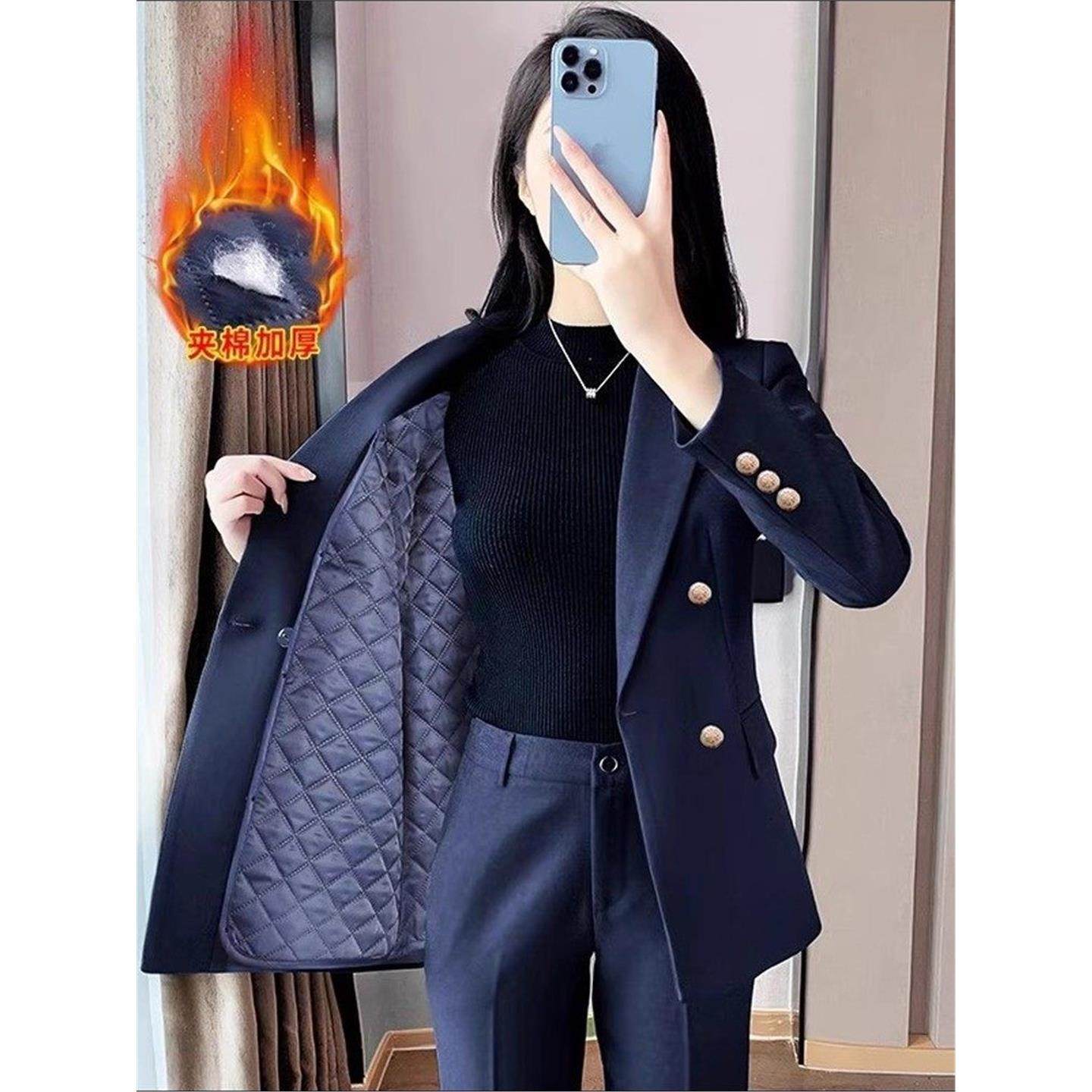 秋冬外套西装加棉加厚职业夹棉保暖西服套装气质女神职场面试正装