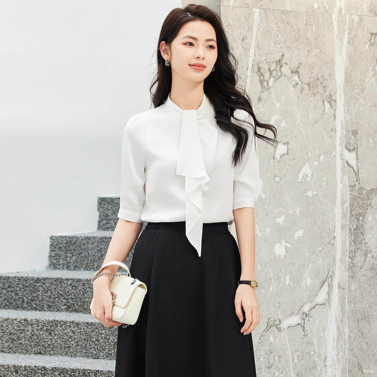 白色通勤风飘带领衬衫女立领五分袖职业装气质上衣前台优雅工作服
