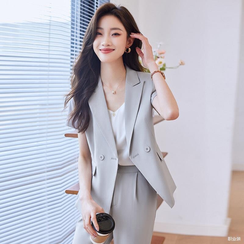 轻奢风灰色短袖西装套装女夏季气质薄款工作服西服长裤两件套装