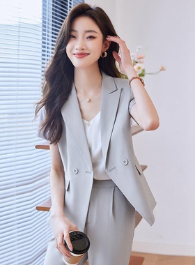 轻奢风灰色短袖西装套装女夏季气质薄款工作服西服长裤两件套装