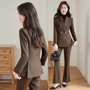 咖啡色西装套装女喇叭裤春秋天职业装气质工作服正装高端时尚外套