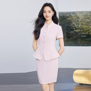 粉色职业西装套装女夏季薄高端中国风酒店前台珠宝店美容院工作服