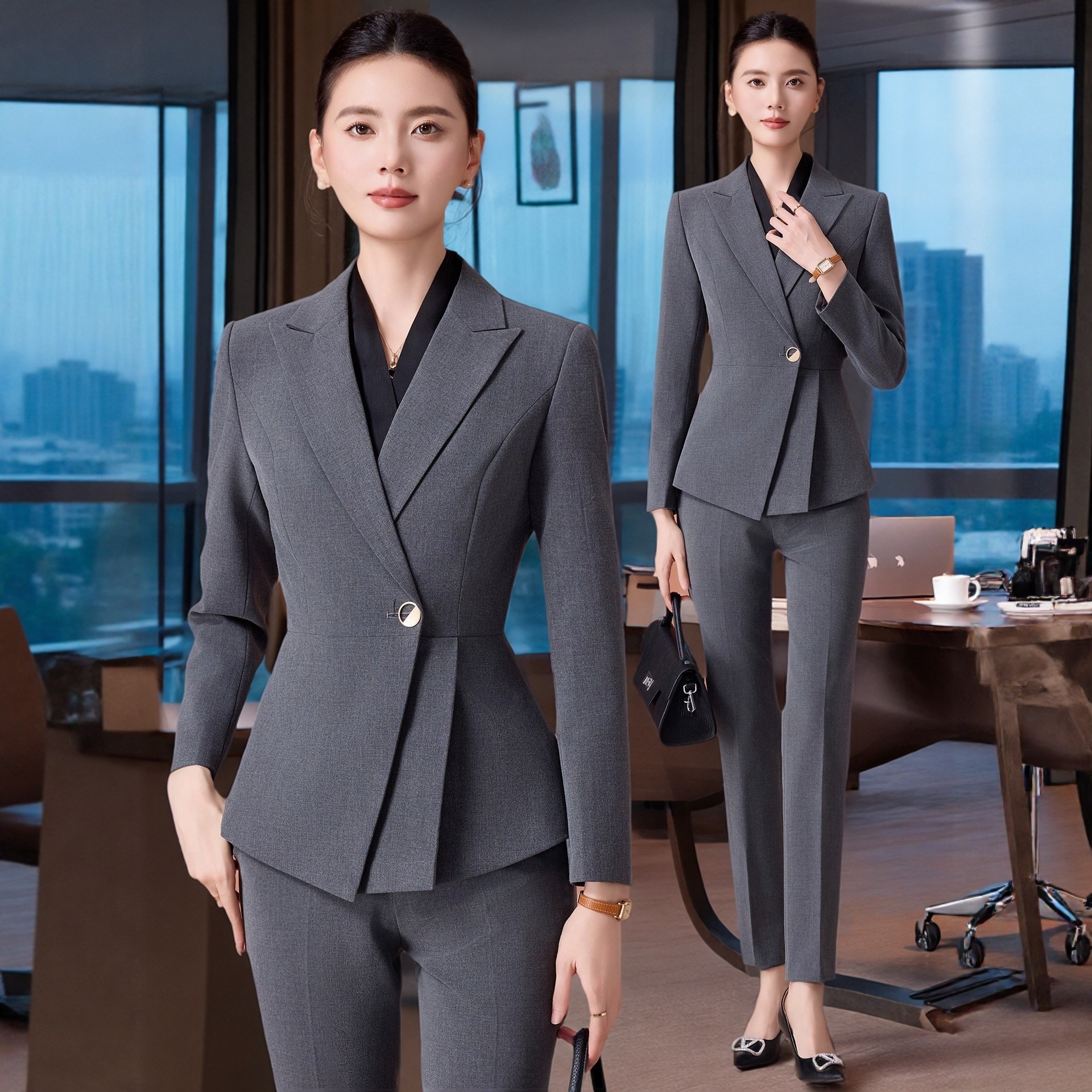 高级感灰色西装女气质珠宝店酒店美容师不规则职业正装工作服套装