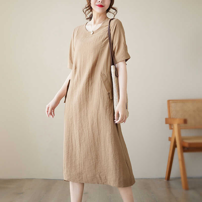 文艺复古亚麻纯色中长款连衣裙