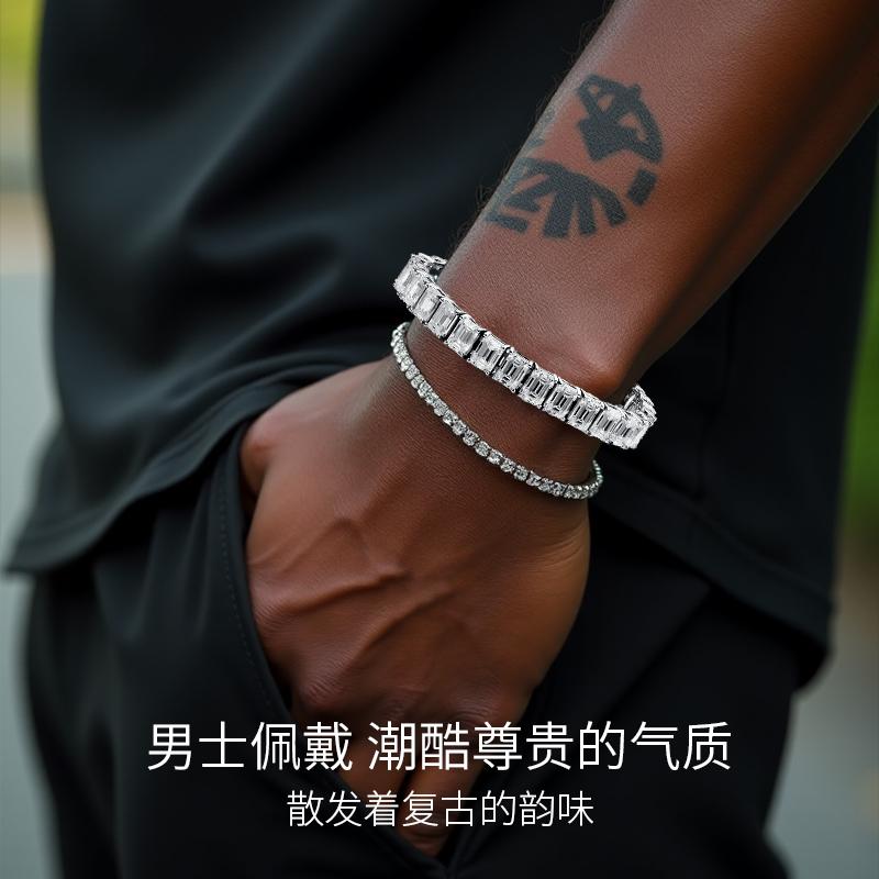 祖母绿切工方糖满钻手链闪耀全钻宴会轻奢男女18k白金定制送礼物