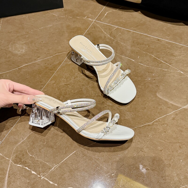 百翎水钻珍珠凉鞋女2026新款夏季高跟粗跟细跟一字带百搭甜美女鞋