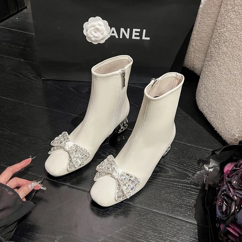 百翎简约瘦瘦靴粗跟蝴蝶结短靴女