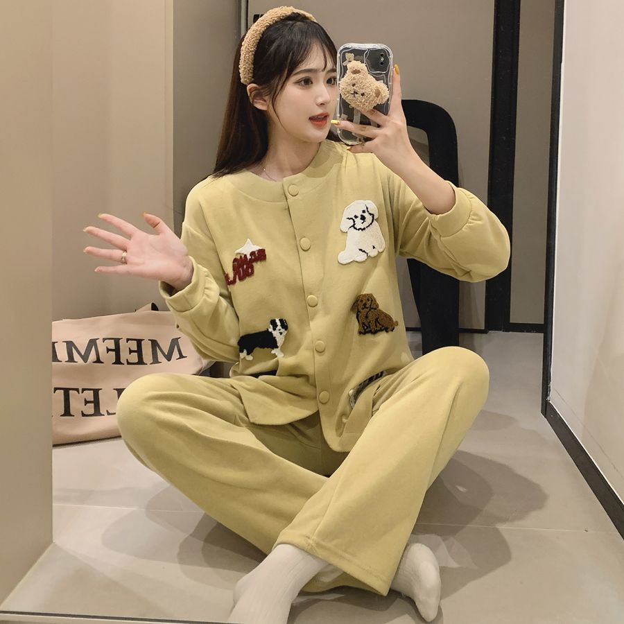 秋冬款慵懒风长袖睡衣卡通可爱开衫长裤女加绒外穿保暖家居服套装