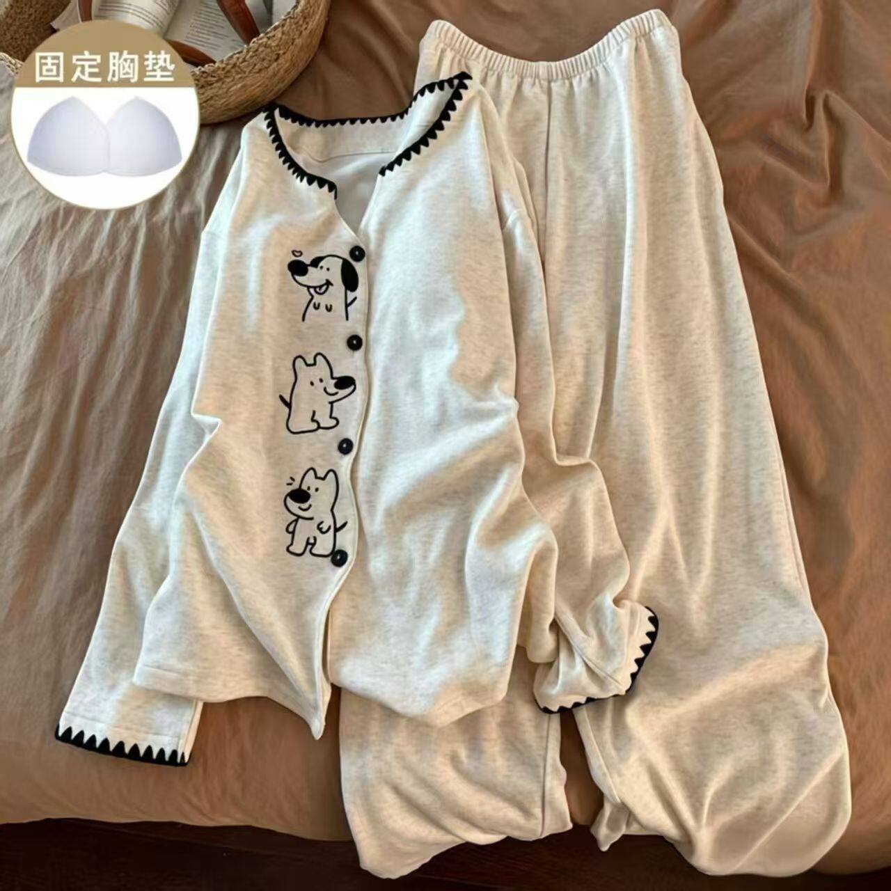 带胸垫羊绒睡衣女秋冬季保暖家居