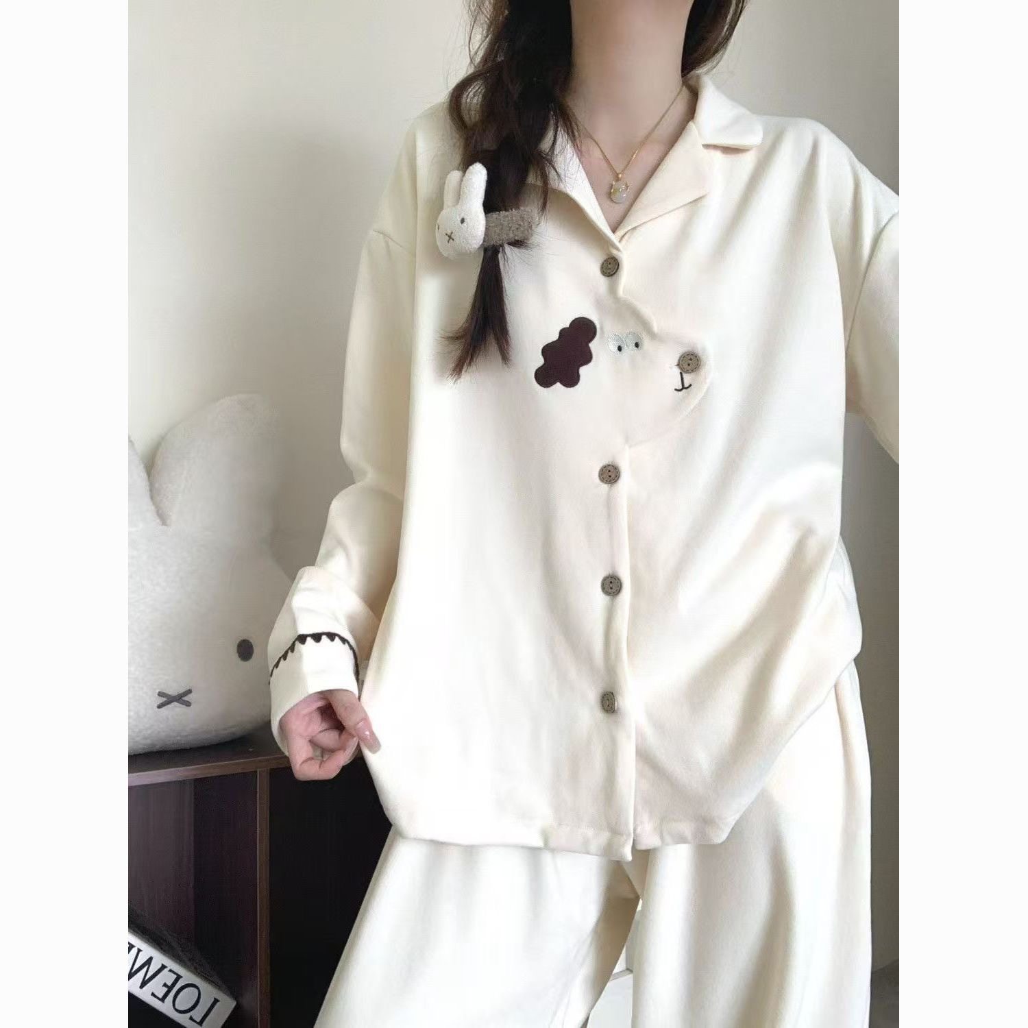 睡衣女德绒新款可爱卡通小狗开衫长袖两件套简约休闲可外穿家居服