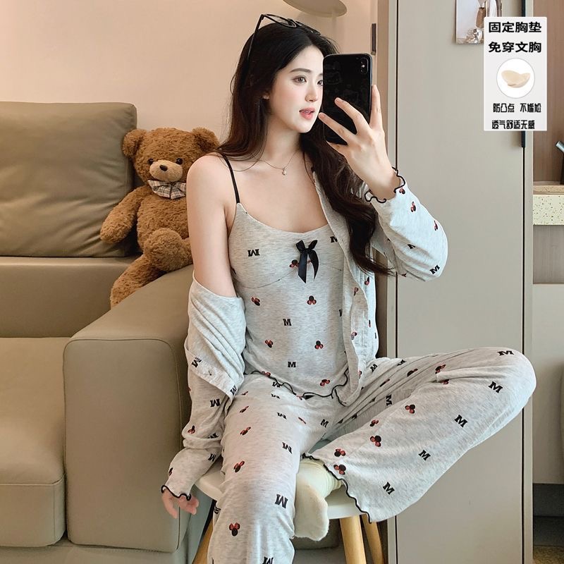 米妮慵懒风莫代尔睡衣女吊带外套长裤三件套固定胸垫甜美家居服